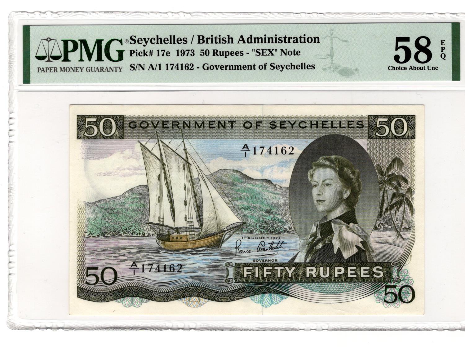 Seychelles 50 Rupees dated 1st August 1973, the famous 'SEX' note, serial A/1 174162 (TBB B124e,