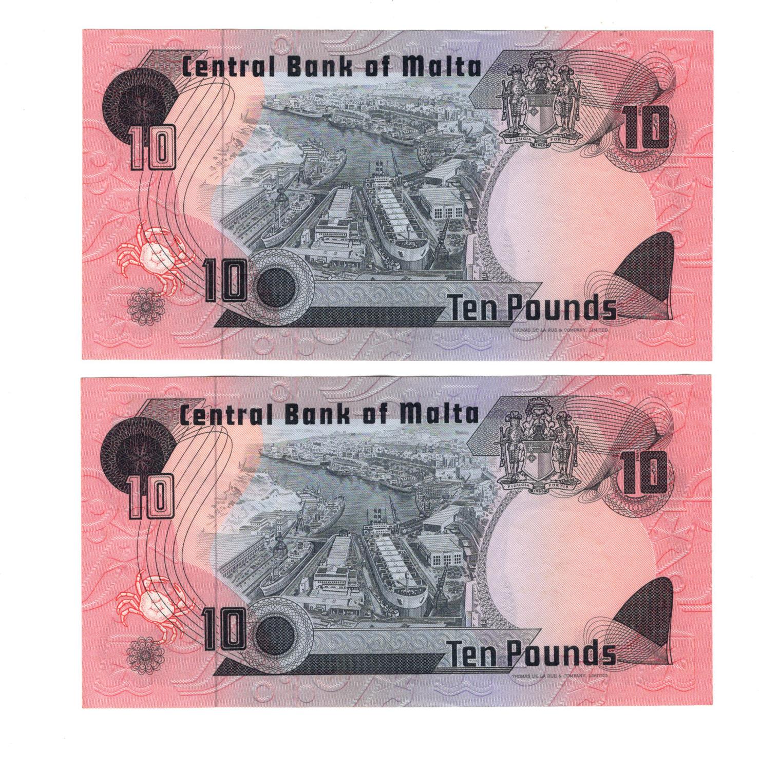 Malta 10 Liri (2) issued 1979 (dated Law 1967), a consecutively numbered pair, serial C/8 099619 & - Image 2 of 2