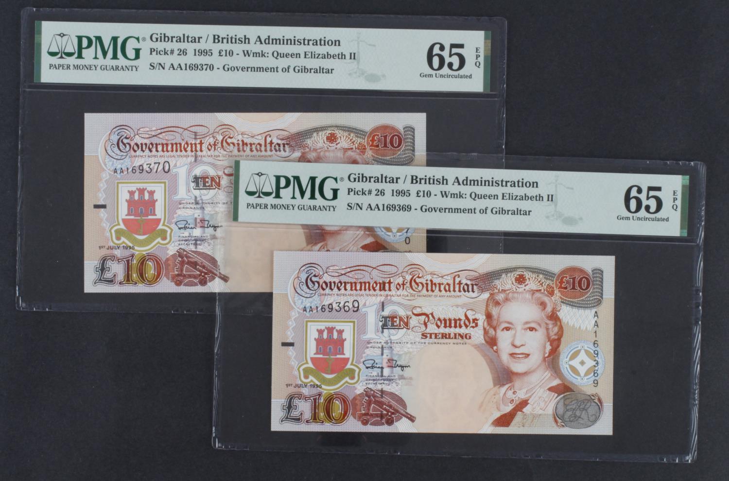 Gibraltar 10 Pounds (2) dated 1st July 1995, a consecutively numbered pair, serial AA169369 &
