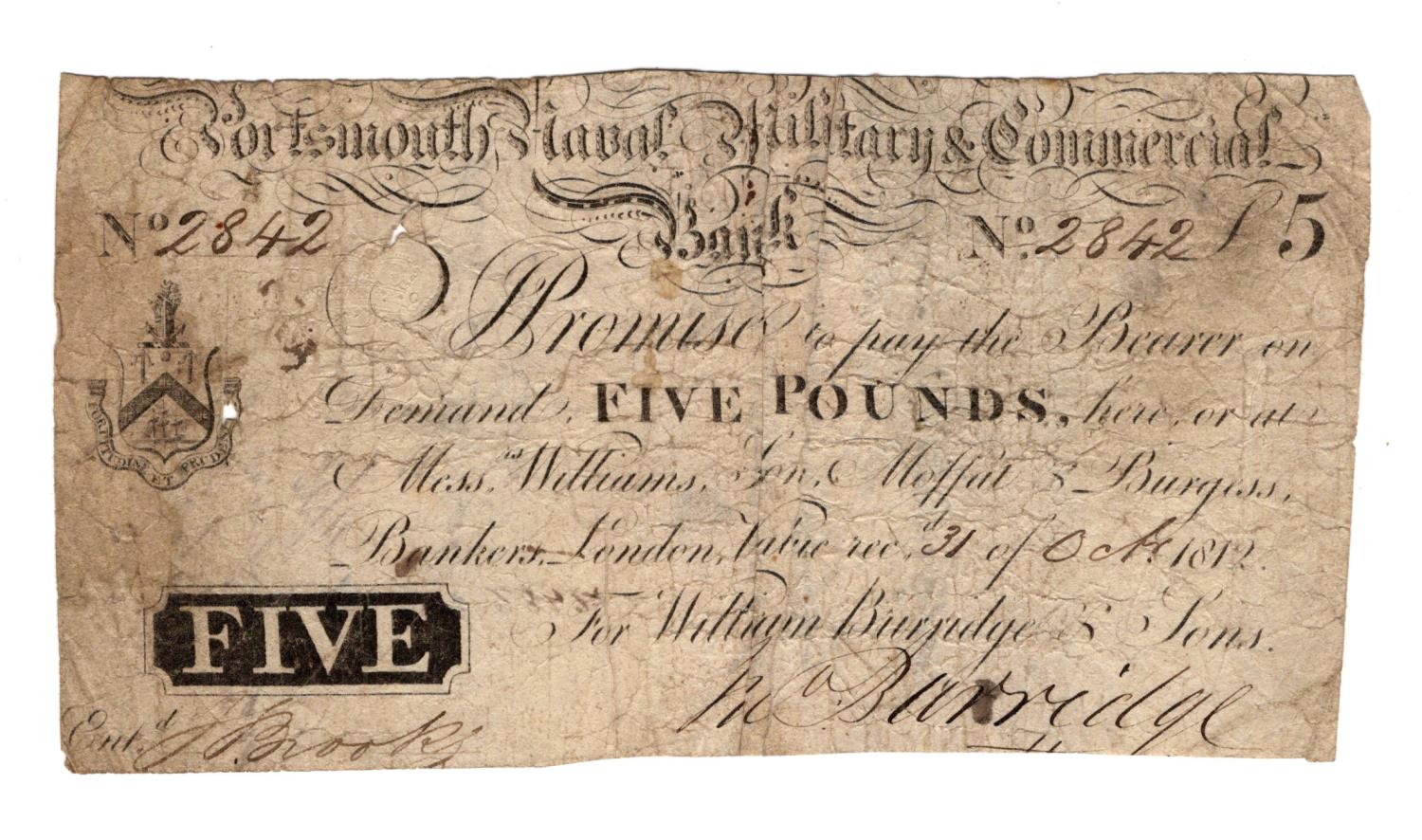 Portsmouth Naval, Military & Commercial Bank 5 Pounds dated 31st October 1812, serial No. 2842 for