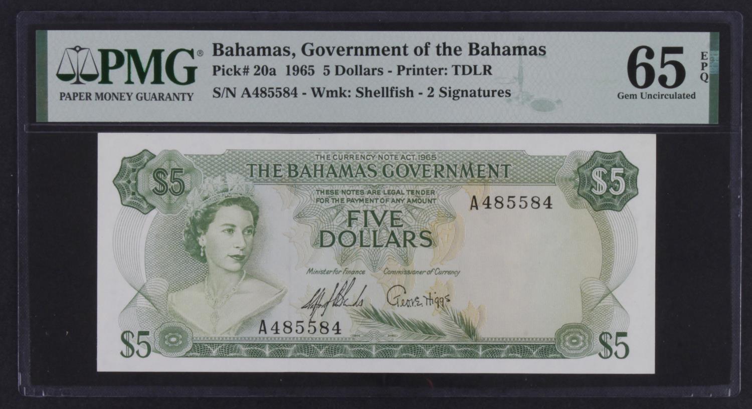 Bahamas 5 Dollars dated 1965, Queen Elizabeth II portrait at left, nice RADAR number, serial A485584