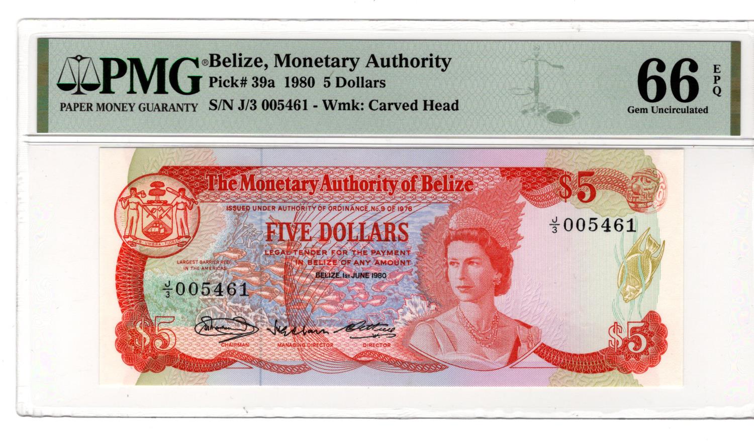 Belize 5 Dollars dated 1st June 1980, Queen Elizabeth II portrait at right, serial J/3 005461 (TBB