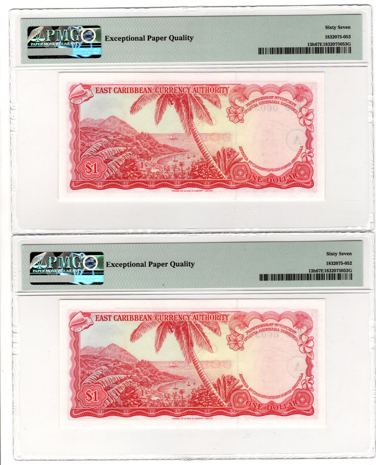 East Caribbean 1 Dollar (2) issued 1965 Antigua, overprint A in circle at left, a consecutively - Image 2 of 2