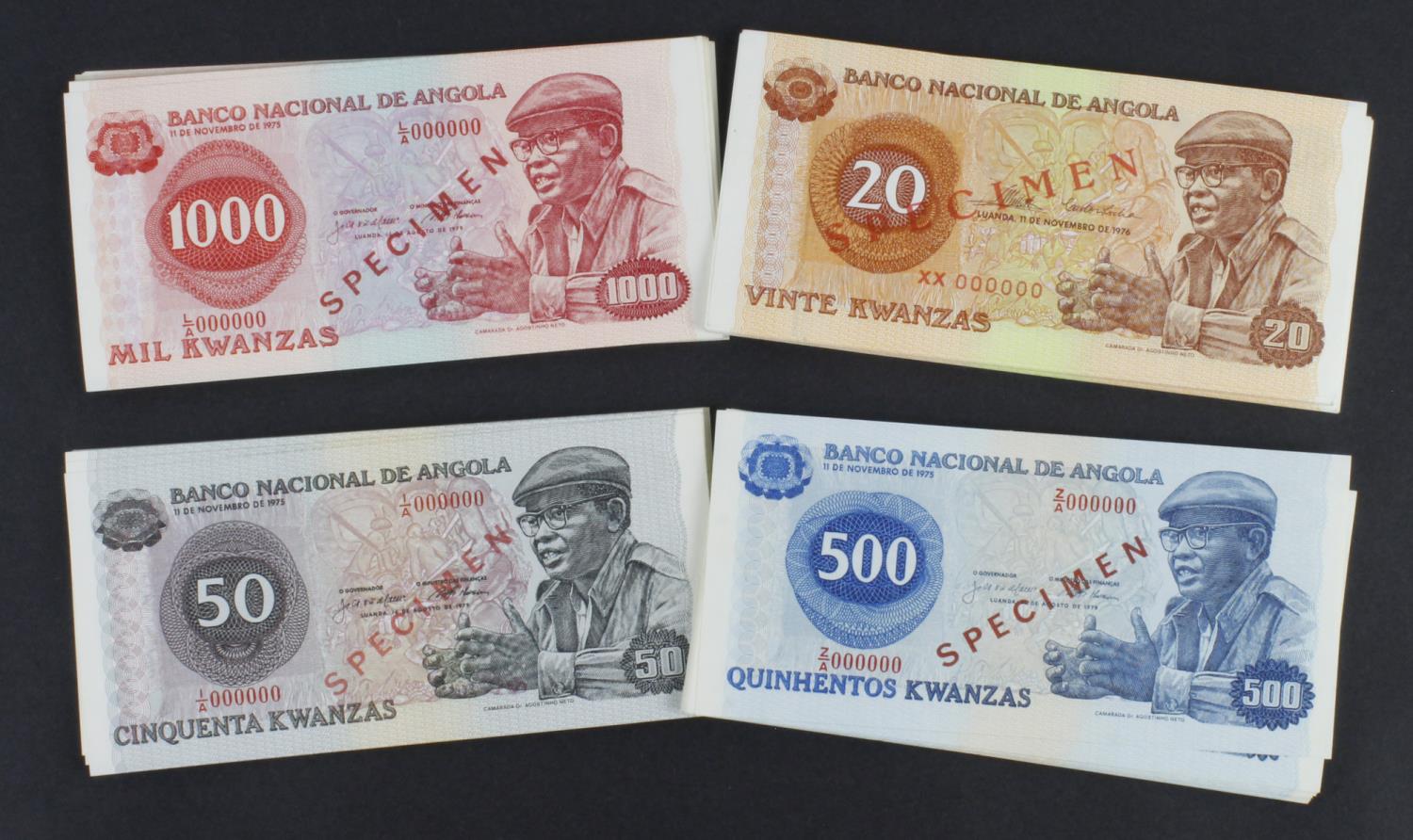 Angola SPECIMEN notes (100), comprising 1000 Kwanzas (25) serial L/A 000000, 500 Kwanzas (25) serial