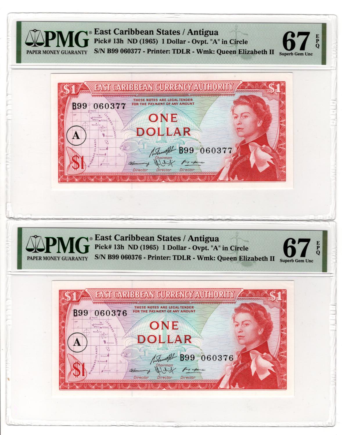 East Caribbean 1 Dollar (2) issued 1965 Antigua, overprint A in circle at left, a consecutively