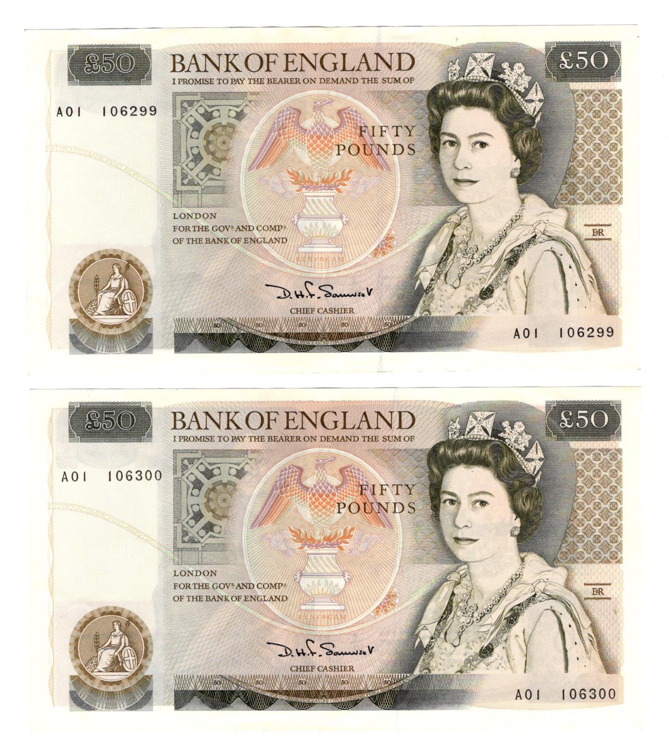 Somerset 50 Pounds (2) issued 1981, a consecutively numbered pair of FIRST RUN notes, serial A01