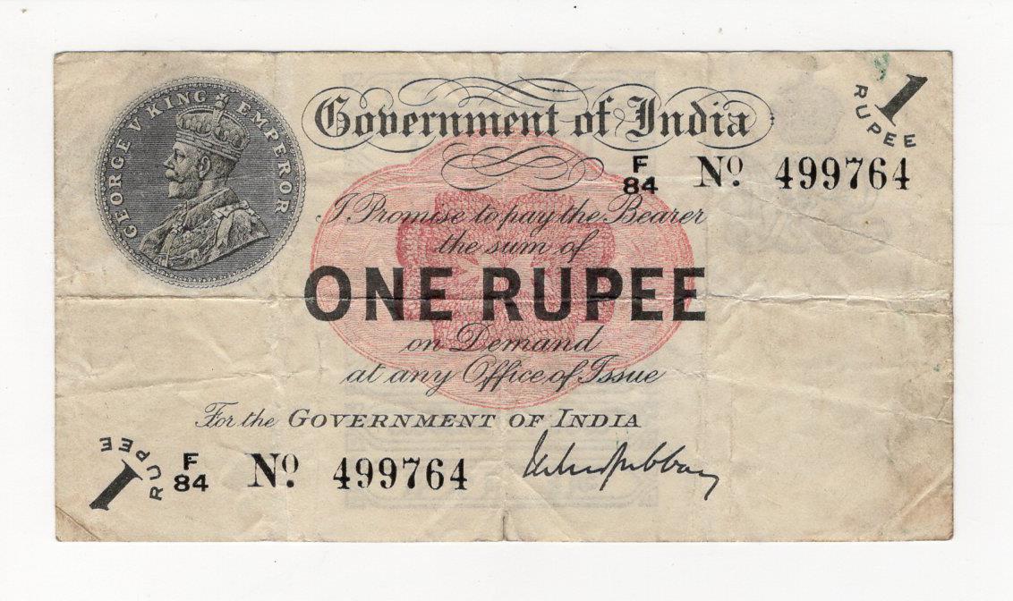 India 1 Rupee dated 1917, portrait King George V at top left, signed Gubbay, serial F/84 499764 (TBB