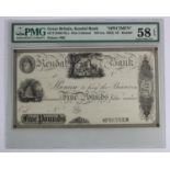 Kendal Bank 5 Pounds SPECIMEN 18xx, engraved and printed by Perkins and Heath, no signature,