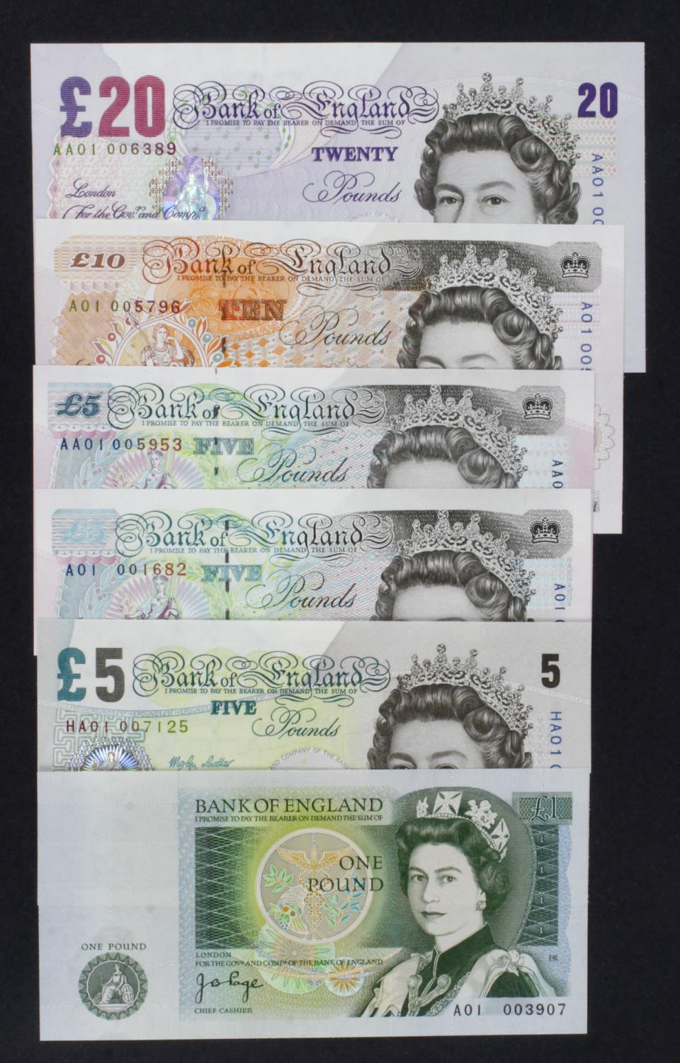 Bank of England (6), a group of FIRST RUN notes all with LOW serial numbers comprising, Page 1 Pound