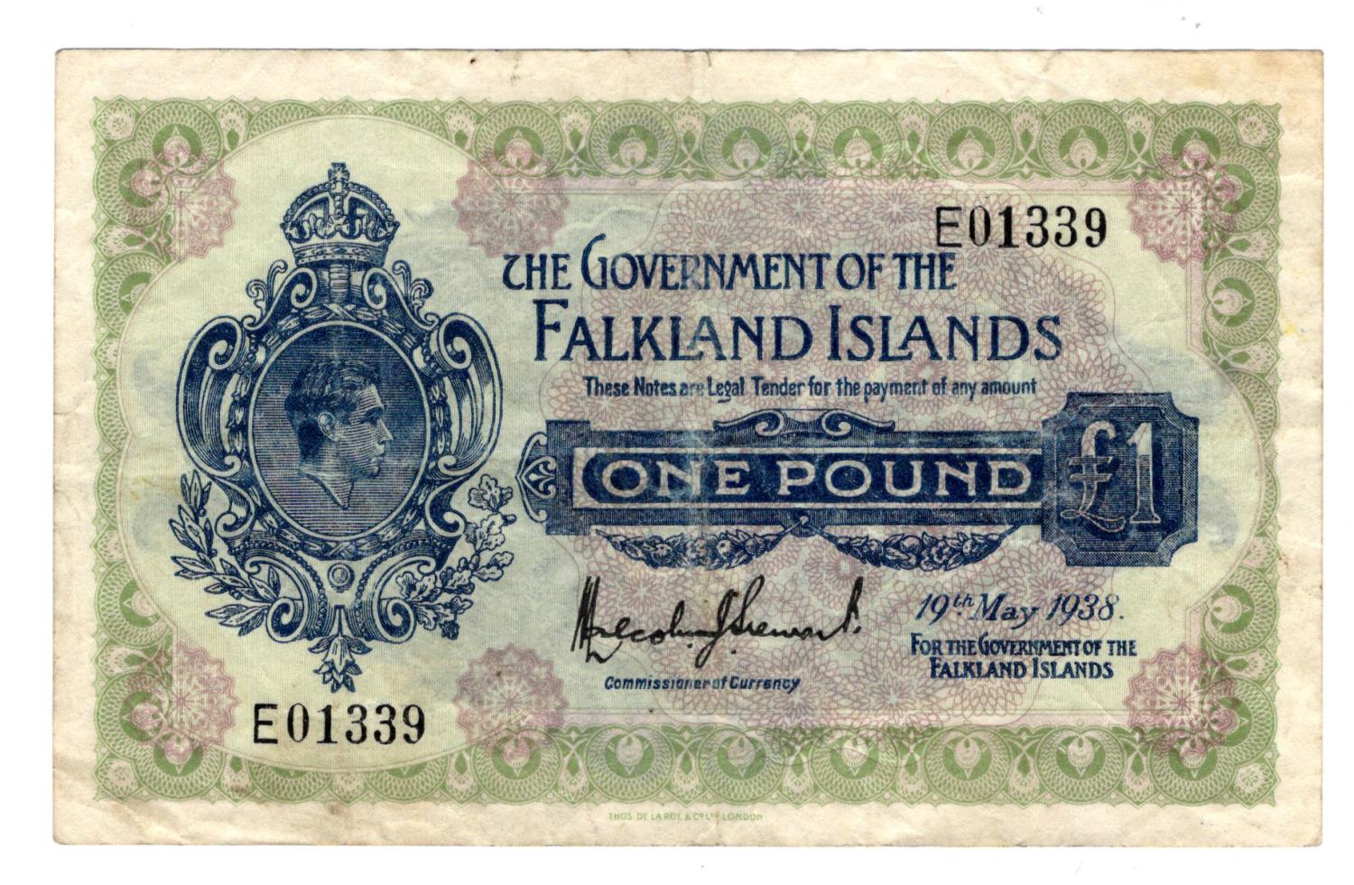 Falkland Islands 1 Pound dated 19th May 1938, scarce issue with portrait King George VI at left,