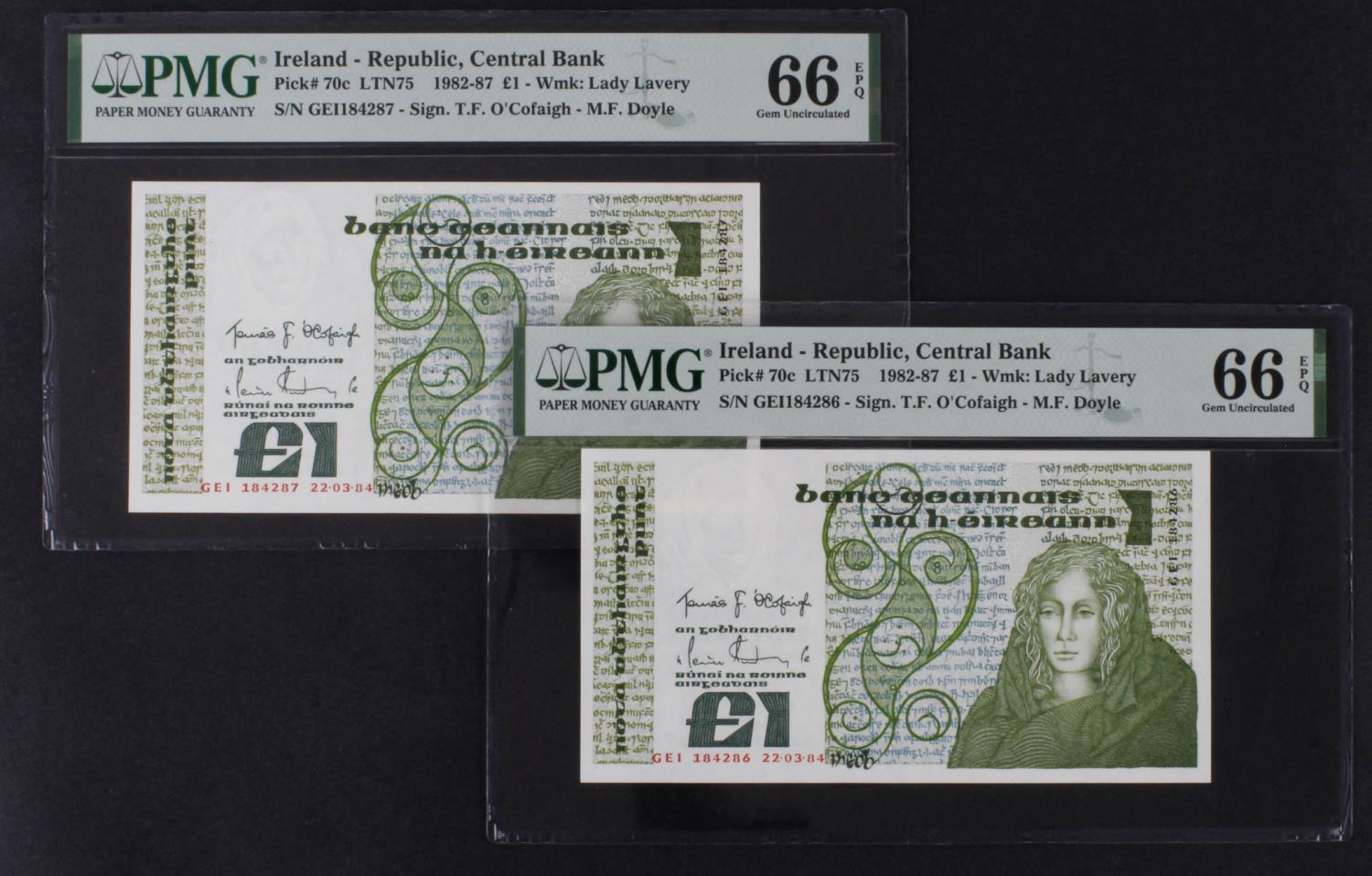 Ireland Republic 1 Pound (2) dated 22nd March 1984, Queen Medb portrait at right, Lady Lavery