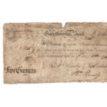 Gainsborough Bank 5 Guineas dated 1800, No. 255 for Wm Hornby & Joseph Esdaile, (Outing 811b)