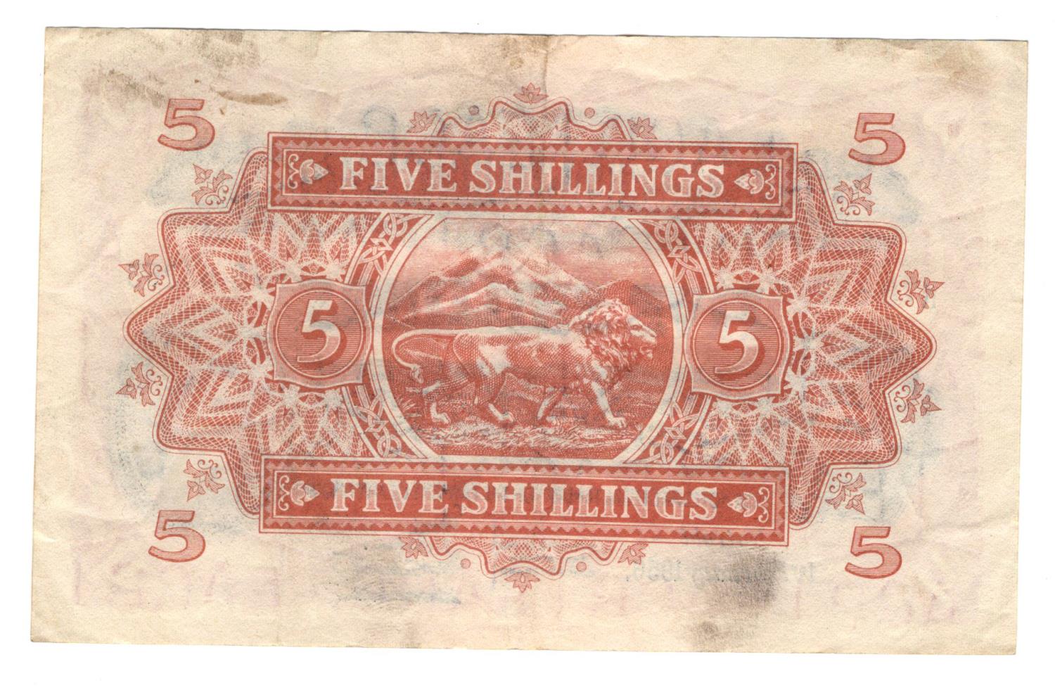 East African Currency Board 5 Shillings dated 1st February 1956, Queen Elizabeth II portrait, serial - Image 2 of 2