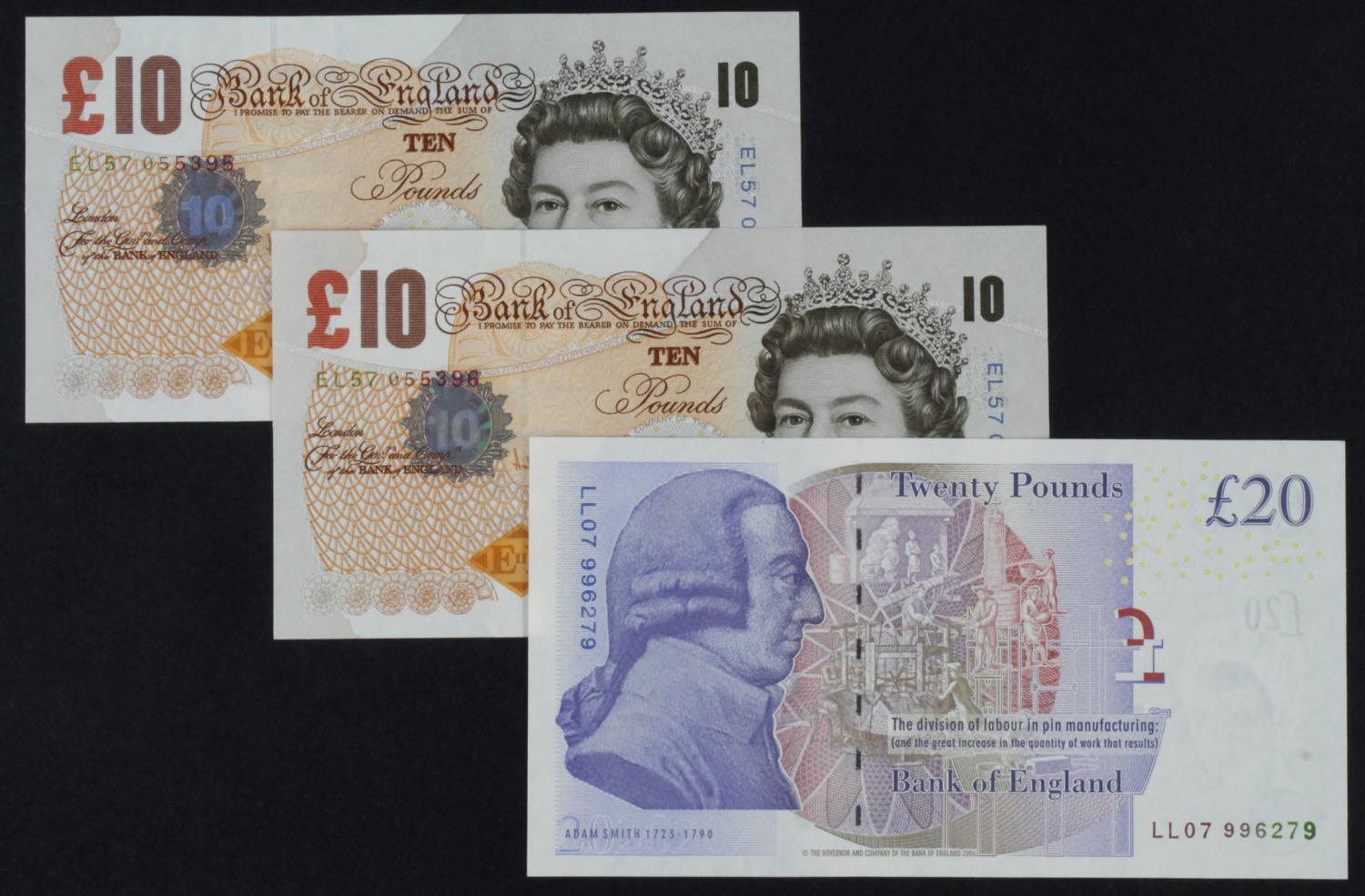 Bailey (3), 20 Pounds issued 2007, REPLACEMENT note serial LL07 996279 (B406, Pick392a), 10 Pounds