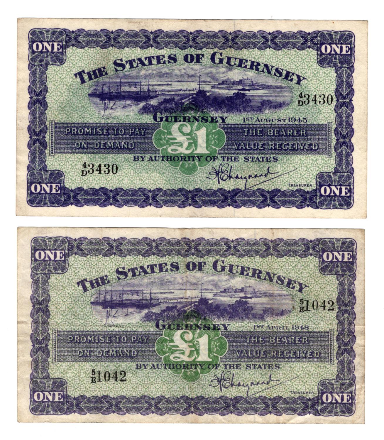 Guernsey (2), a pair of early dates, 1 Pound dated 1st August 1945, scarce first date of issue,