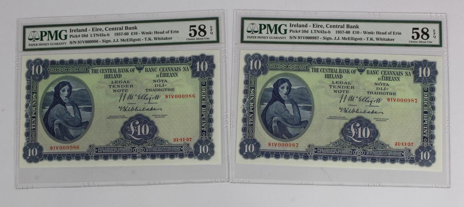 Ireland Republic 10 Pounds (2), dated 21st November 1957, Lady Lavery portrait at left, a