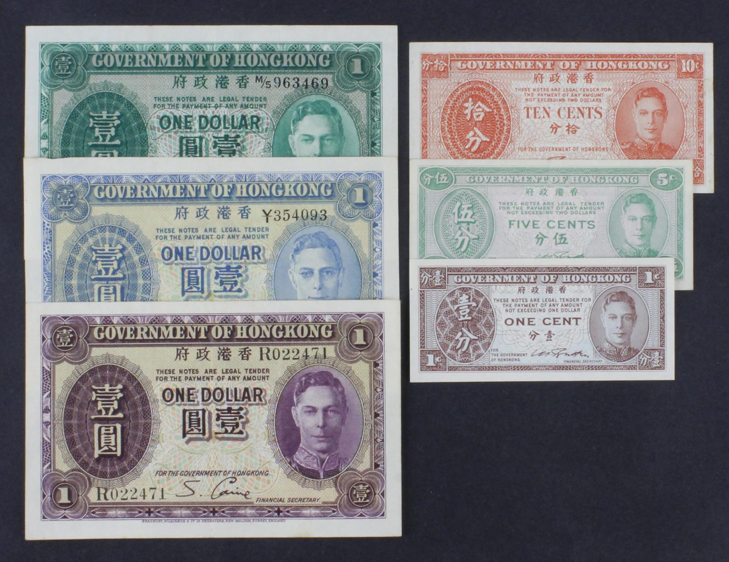 Hong Kong (6), King George VI portrait group 1 Dollar (3) issued 1936, 1940 and dated 1952, VF to