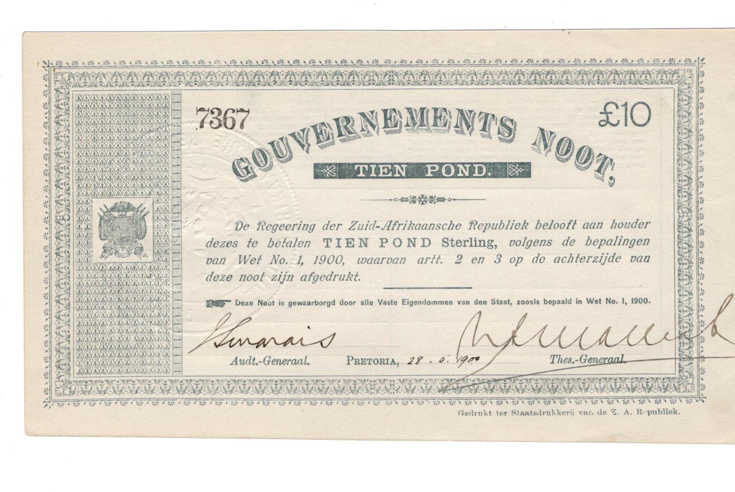 South Africa 10 Pounds dated 28th May 1900, Gouvernments Noot Tien Pond, Pretoria issue, these large