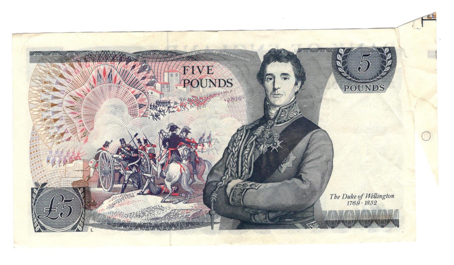 ERROR Page 5 Pounds issued 1973, extra paper FISHTAIL showing odd printing marks, serial 37A - Image 2 of 2