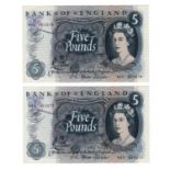 Fforde 5 Pounds (B312) issued 1967 (2), a consecutively numbered pair serial W40 410277 & W40 410278