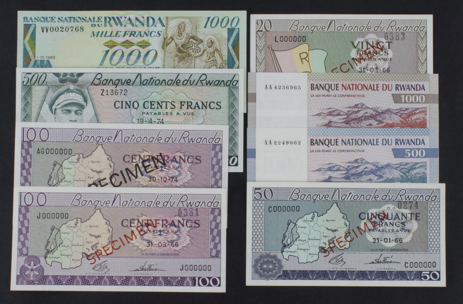 Rwanda (8), 500 Francs dated 19th April 1974, serial Z13672 (TBB B111a, Pick11a), 100 Francs dated