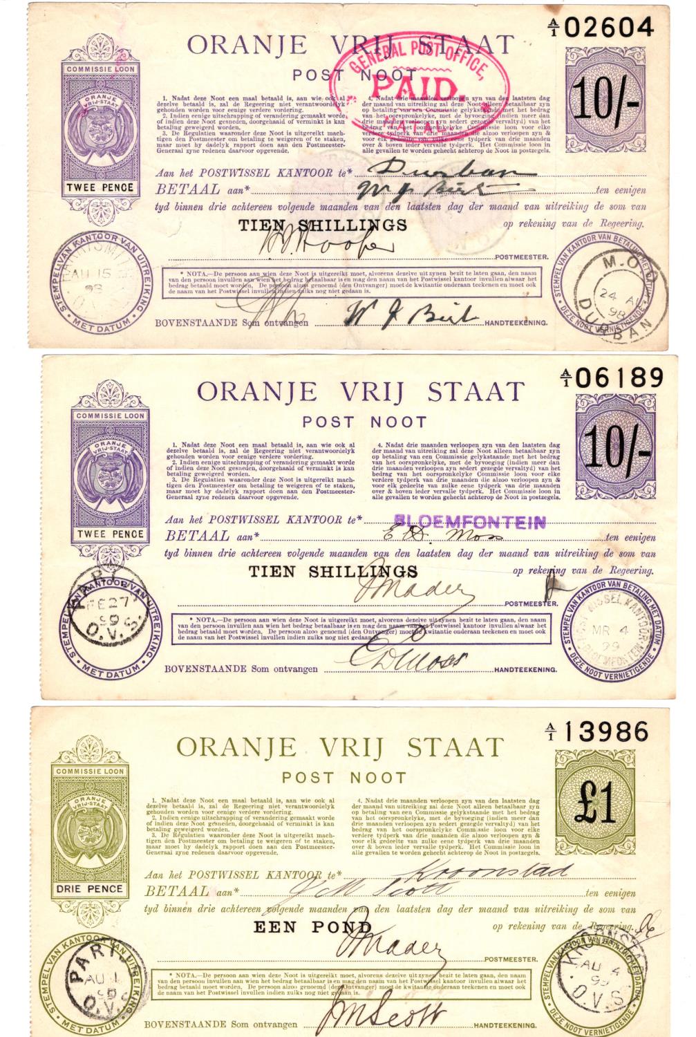 South Africa (3) Orange Free State (Oranje Vrij Staat) 1 Pound and 10 Shillings (2) postal orders