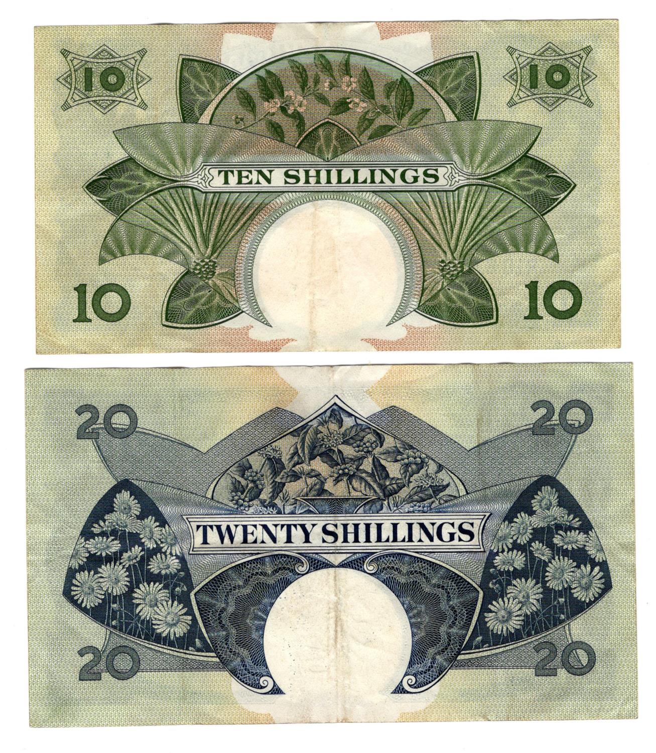 East African Currency Board (2), 20 Shillings issued 1958 - 1960, portrait Queen Elizabeth II top - Image 2 of 2