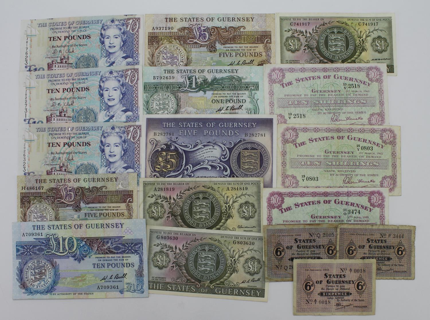 Guernsey (17), comprising 10 Pounds (3) issued 1996 ALL REPLACEMENT notes 'Z' prefix, 6 Pence (3)