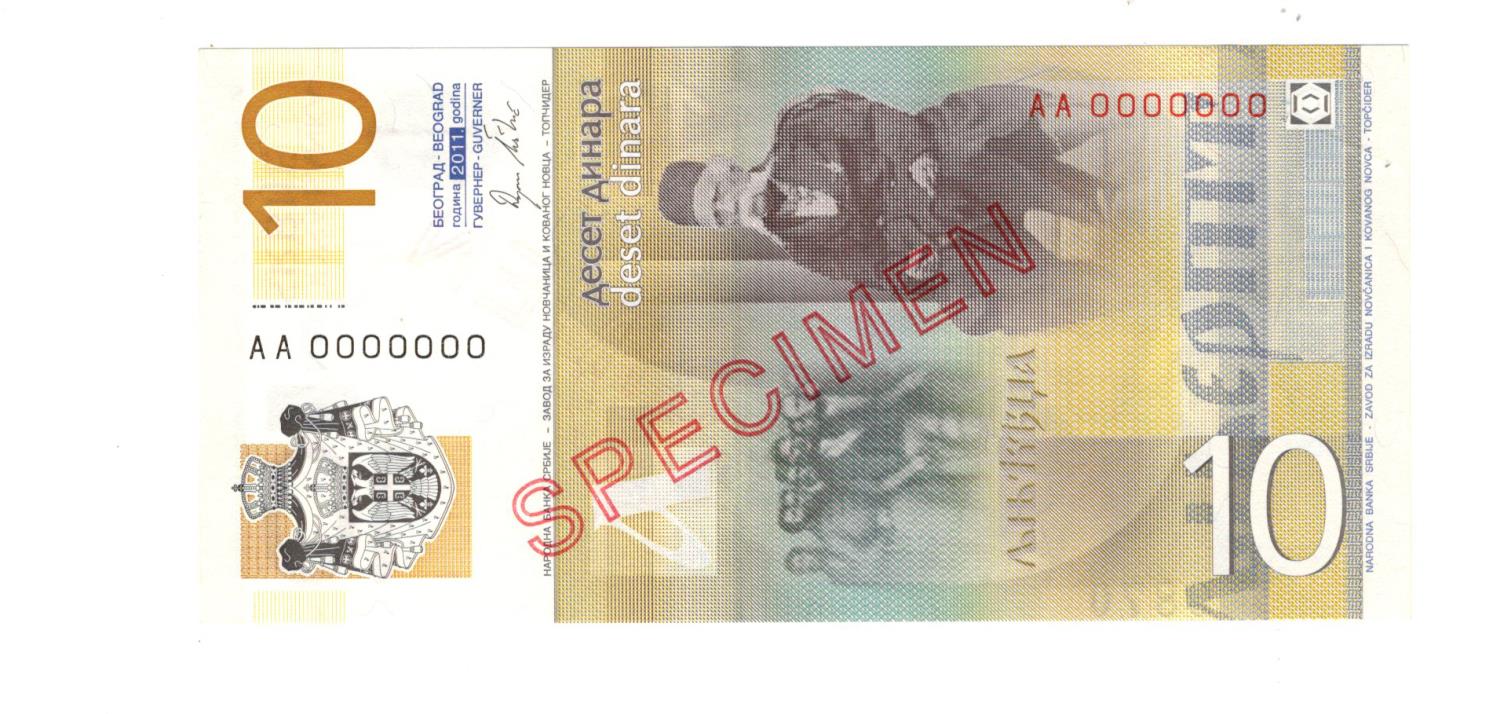 Serbia 10 Dinara dated 2011, SPECIMEN note serial AA 0000000, specimen number 0870 (TBB B414as, - Image 2 of 2