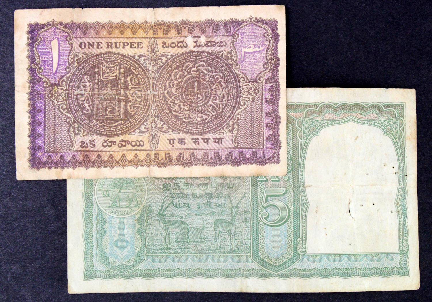 India (2), 5 Rupees issued 1943, signed C.D. Deshmukh, portrait King George VI at right, BLACK - Image 2 of 2