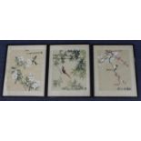 Chinese interest. Three Chinese watercolours on a woven background, depicting birds and flowers,