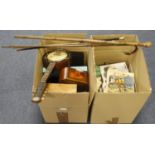 Miscellania. A group of various items, including toys, canes, clocks, banjo, Clarice Cliff bowl,