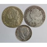 Early Milled silver (3): Shilling 1711 VG, Shilling 1758 VF faded gilding, and Sixpence 1817 VF