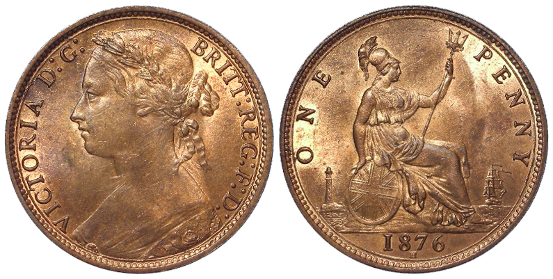 Penny 1876H, F.89 (8+K), G.Lm, near BU.