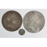 English silver (3) early milled: Crown 1696 Octavo S.3470 VG, Crown 1820 LX Fine, and Maundy Penny