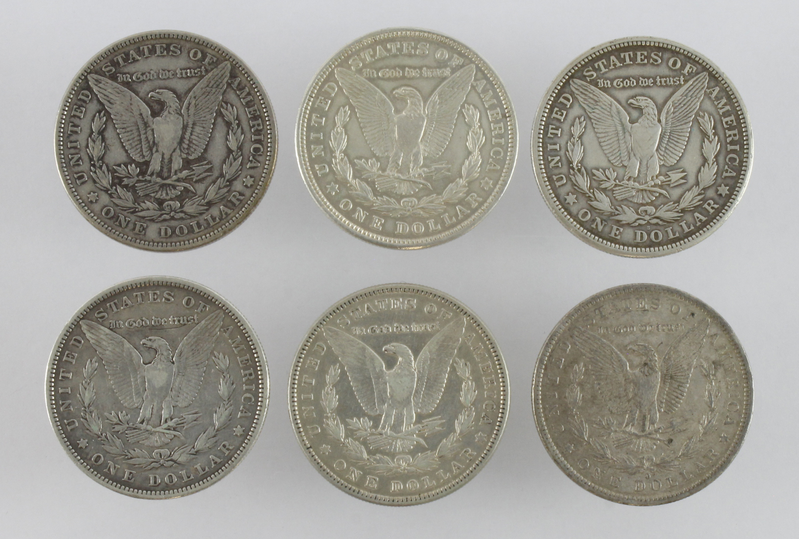 USA silver dollars (6) All Morgan type. 1879, 1883o, 1884, 1921 & 1921s. Average VF - GVF - Image 2 of 2