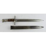 Swiss M1918 bayonet made by Elsener Schwyz in its steel scabbard. Some wear to bluing on scabbard,