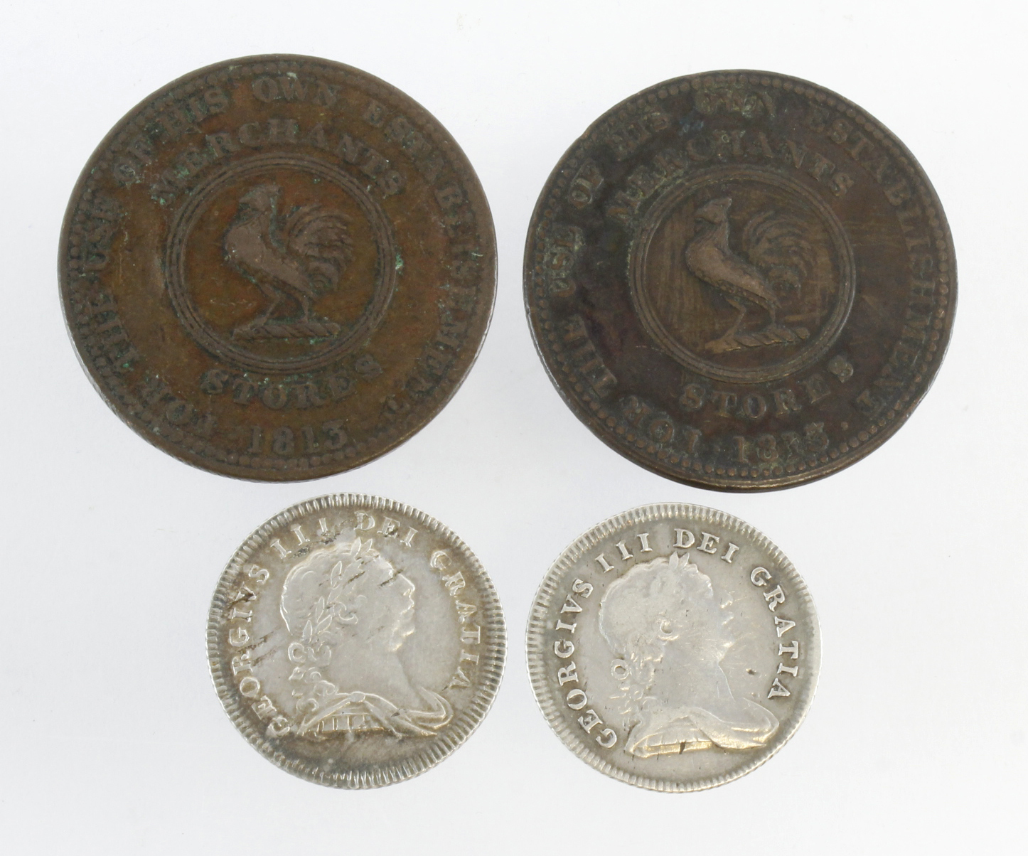 Tokens of Ireland (4): 2x silver Ten Pence Bank Tokens 1805 Fine and 1806 VF; and 2x copper