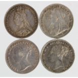 GB Silver Minors (4): 1855/3 VF/GVF, Threepences: 1886 VF slightly dented, 1887 Jubilee toned EF,