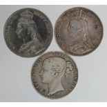 GB Crowns (3): 1845 cinquefoils Fine, 1889 and 1890 toned VF