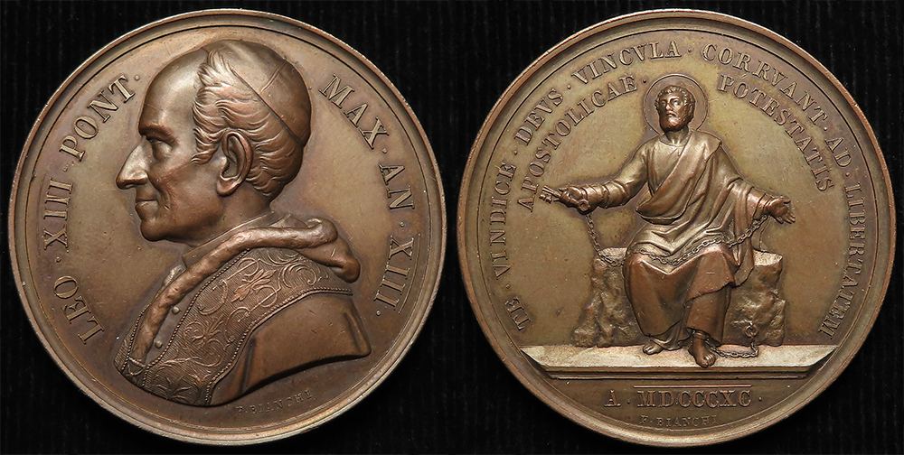 Papal Medal, bronze d.43mm: Pope Leo XIII 1890 (medal) by Bianchi, EF, small scratch.