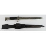 German WW2 Parade Bayonet with scabbard and leather frog. Black paint to one side of the bayonet