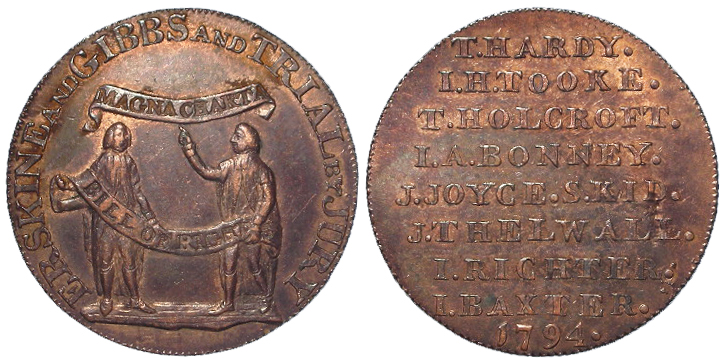 Token, 18thC: Erskine and Gibbs and Trial by Jury Halfpenny 1794 milled edge \\\\, aEF trace