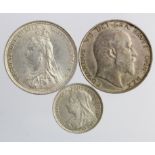 GB Silver (3): Shilling 1887 Jubilee GEF, Shilling 1902 VF, and Threepence 1897 nEF