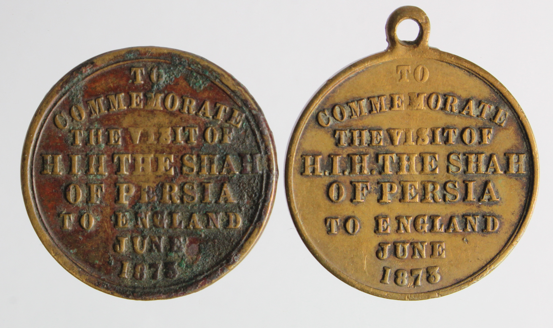 Persia (Iran) 2x bronze medalets d.23.5mm for the visit of the Shah of Persia to England 1873; VF - Image 2 of 2