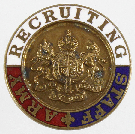 Badge - WW1 Army Recruiting Staff brass & enamel badge, rare item, crescent lapel fitting to the