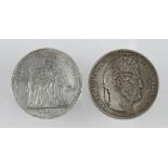 France (2) crown-size silver 5 Francs 1847A, nVF, and 1873A, EF