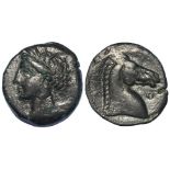Ancient Greek: Carthaginian Sardinia AE18, 3rdC BC. Hd. of Tanit l. / Hd. of horse r., O before. 5.