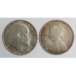 India silver Rupees (2): 1901 nEF, and 1910 GVF