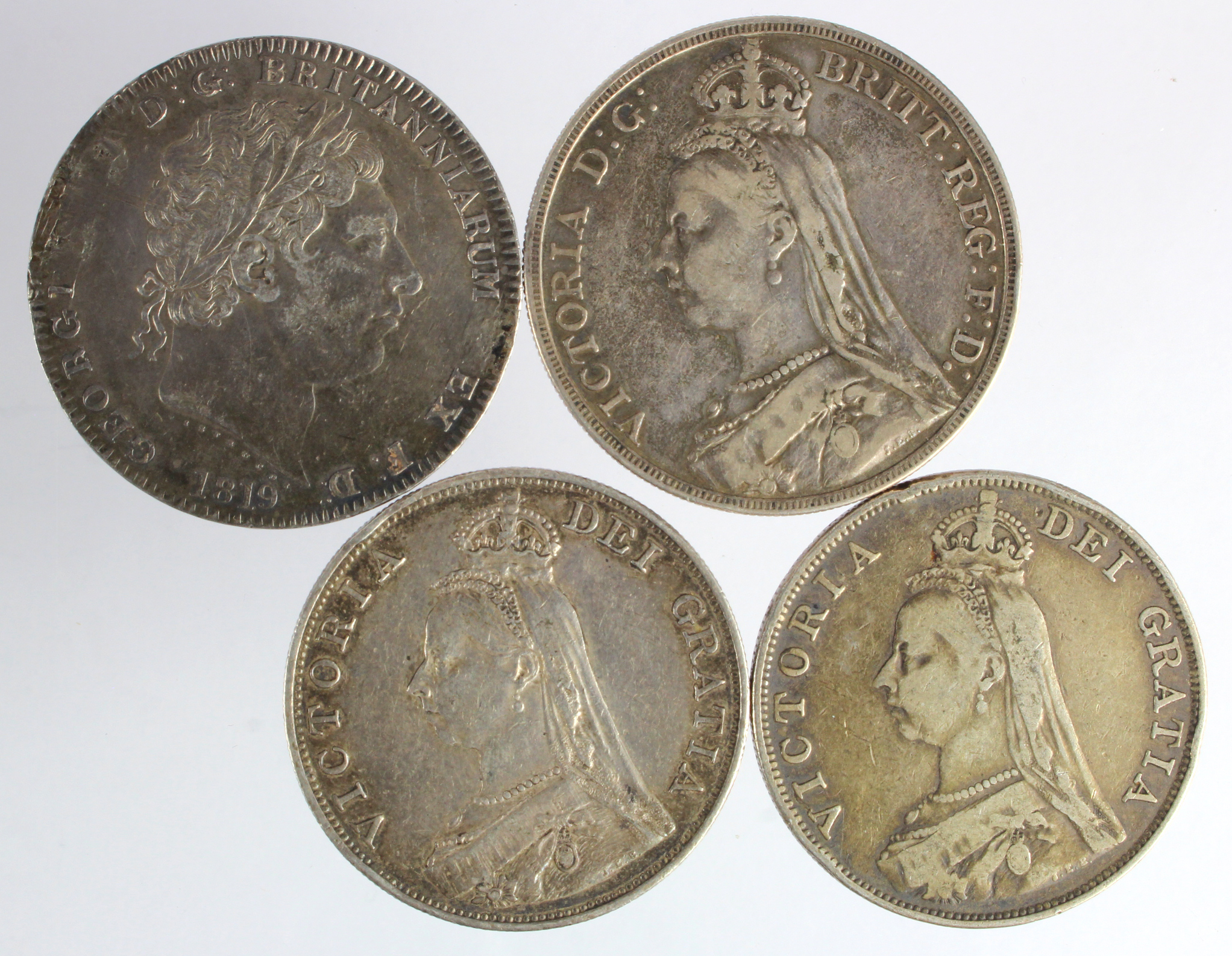 GB Silver (4): Crown 1819 ex-mount VF, Crown 1892 GF, Double-Florins: 1887 arabic 1 VF couple of